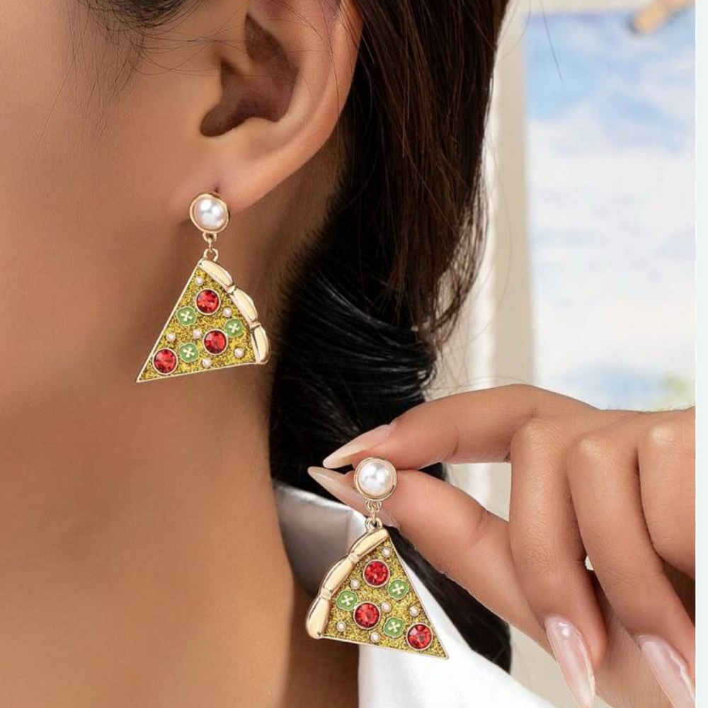 Gold Pizza Slice Earrings with Pearl Accents